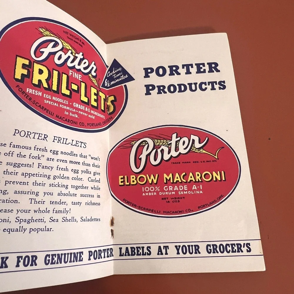 Vtg Porter Fril-Lets Thrift Recipes Booklet Scarpelli Macaroni Co Portland OR